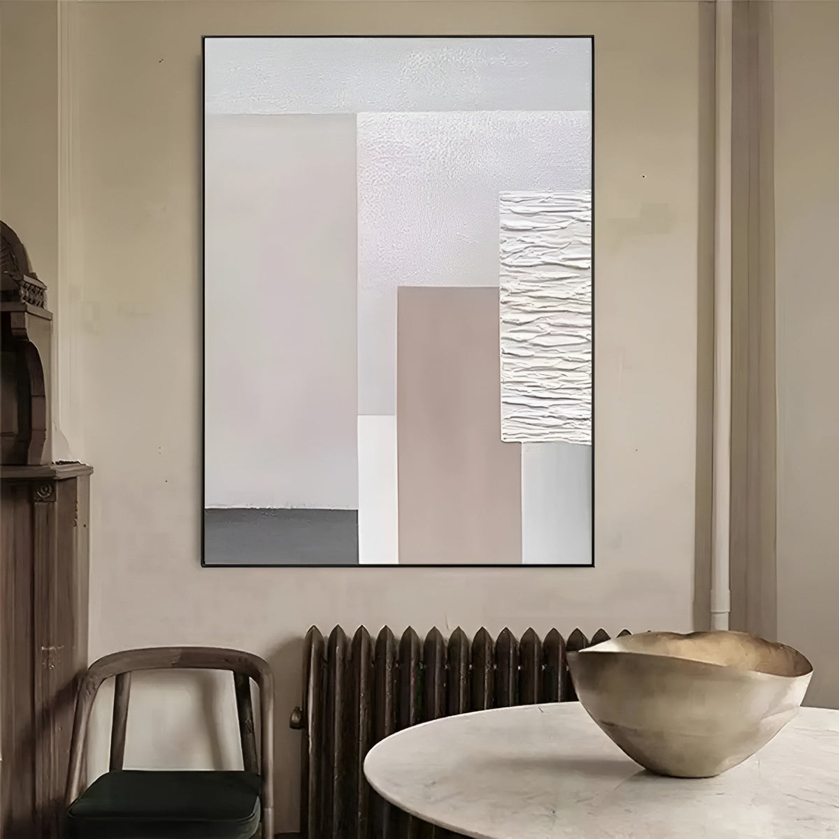 Minimalist geometric abstract painting with neutral tones, perfect for modern interiors. Handmade textured artwork for home decor.