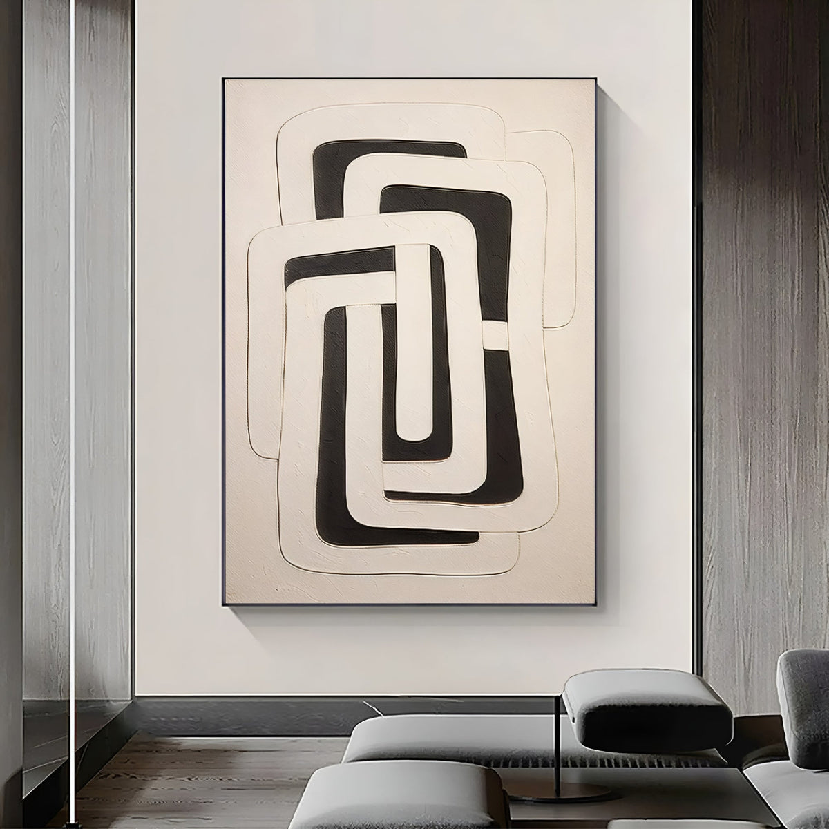 Handmade abstract oil painting featuring layered geometric forms – ideal for sophisticated interiors.