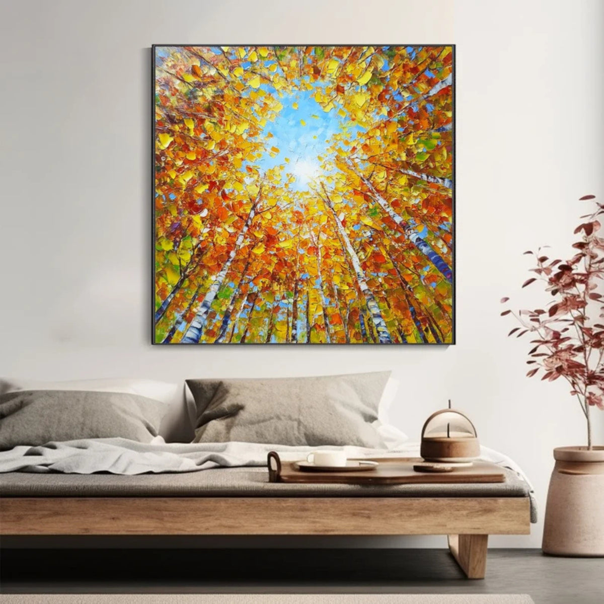 Looking-up forest painting in bold autumn hues, this square composition captures the essence of a golden woodland moment and works beautifully in living rooms, offices, or libraries.