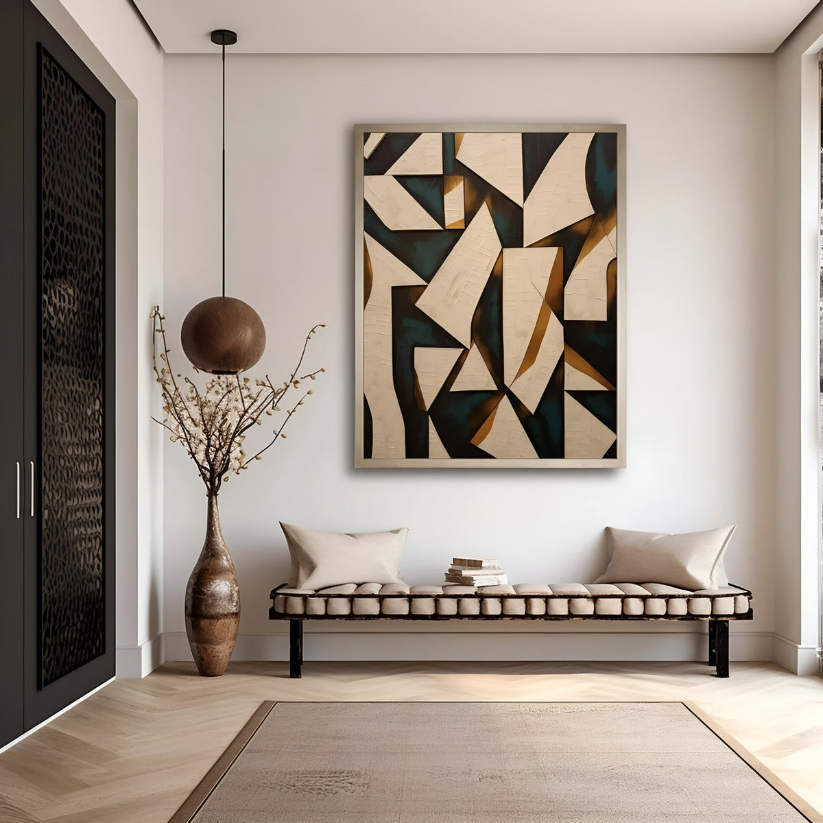Handmade abstract geometric oil painting with bold beige, black, and gold shapes, perfect for modern interior wall decor
