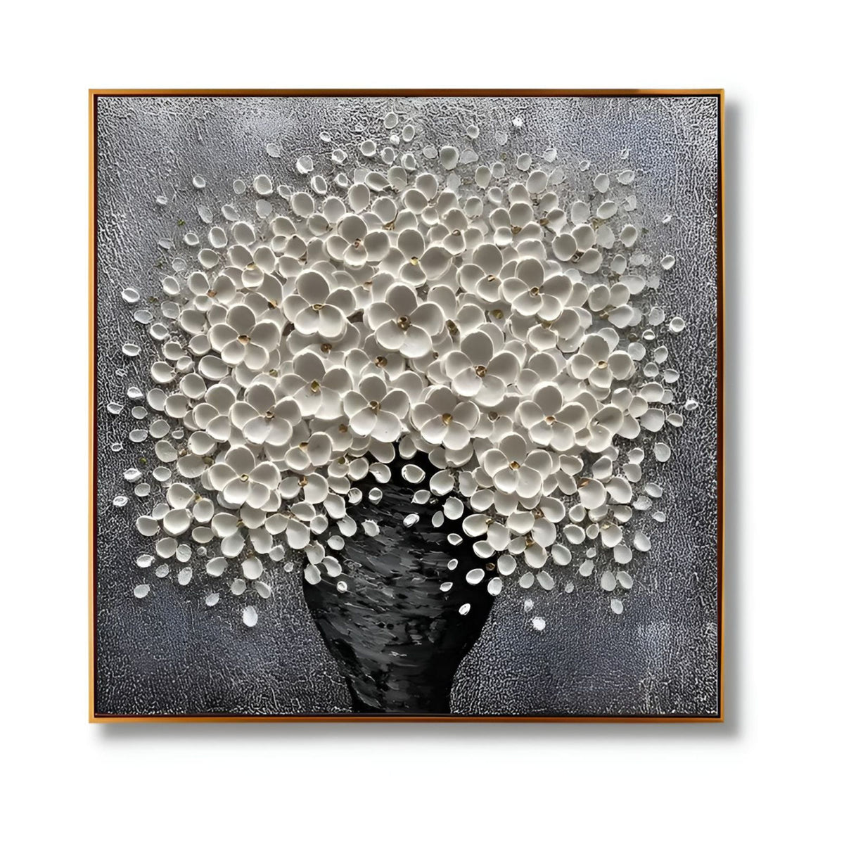 Close-up of handmade oil flower bouquet painting, highlighting rich texture and soft neutral palette.