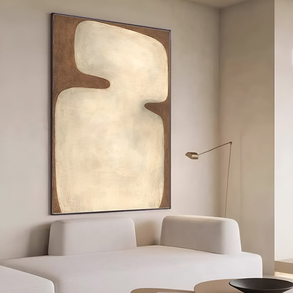 Large neutral abstract painting with organic forms, textured brushstrokes, and natural tones. Ideal for minimal and modern spaces.