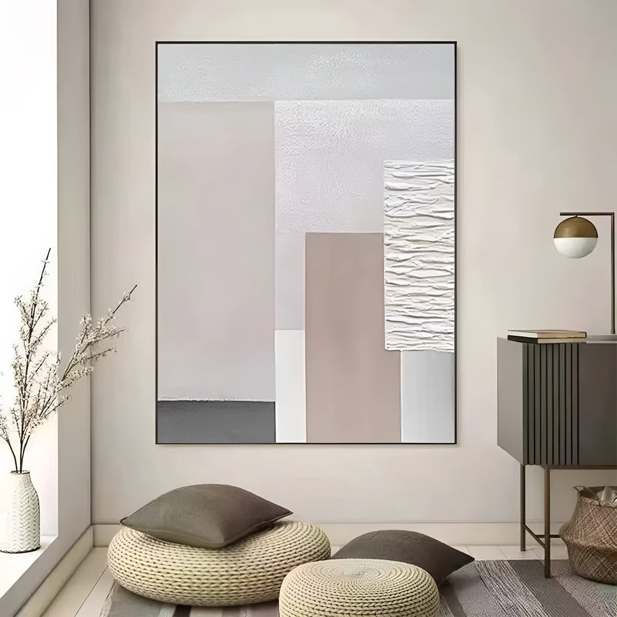 Modern geometric abstract art piece with neutral hues and dimensional textures. Handmade canvas painting for sophisticated interiors.