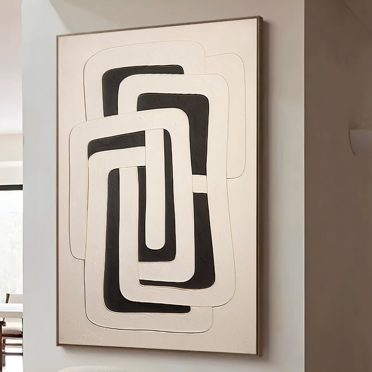 Large-scale abstract canvas art in black and beige – luxury statement piece for modern spaces.