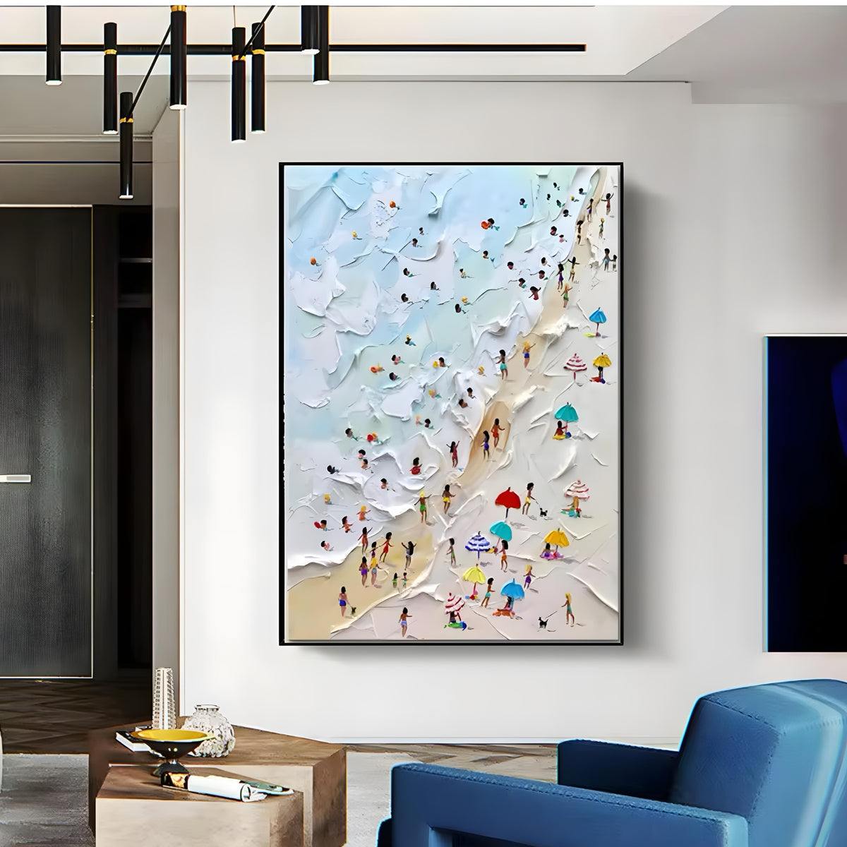 Handmade oil painting of a lively beach scene with colorful umbrellas, perfect for brightening living rooms or vacation homes.
