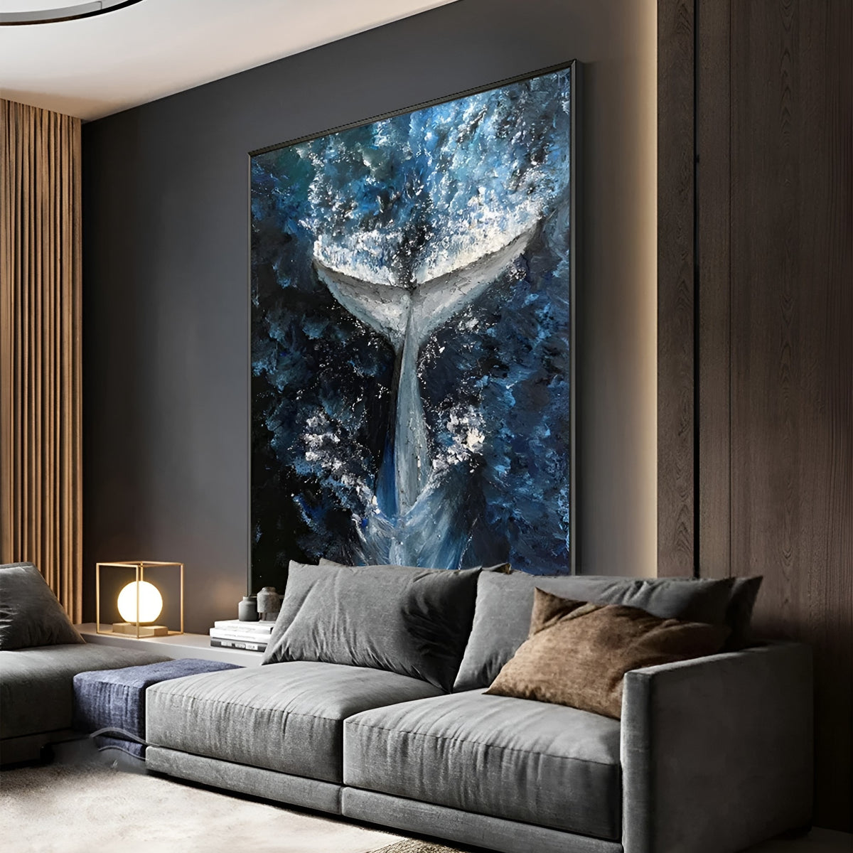 Unique handmade whale tail oil painting in bold blues, adding marine charm to your living room or hallway.