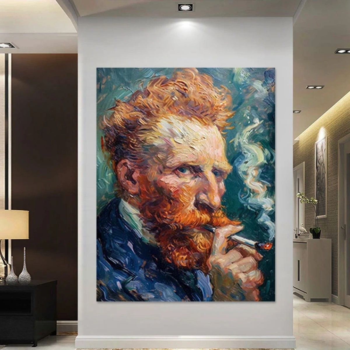 Vibrant handmade oil painting of Van Gogh, fitting for stylish living rooms, private offices, or eclectic art collections.