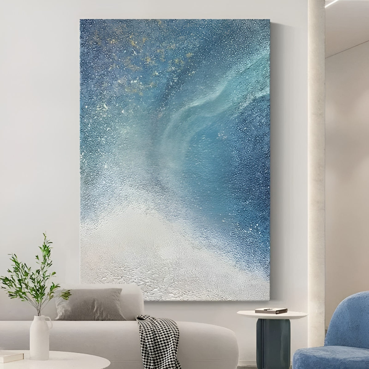 Galaxy-inspired oil painting with shimmering stars, ideal wall art for creative home offices or lounges