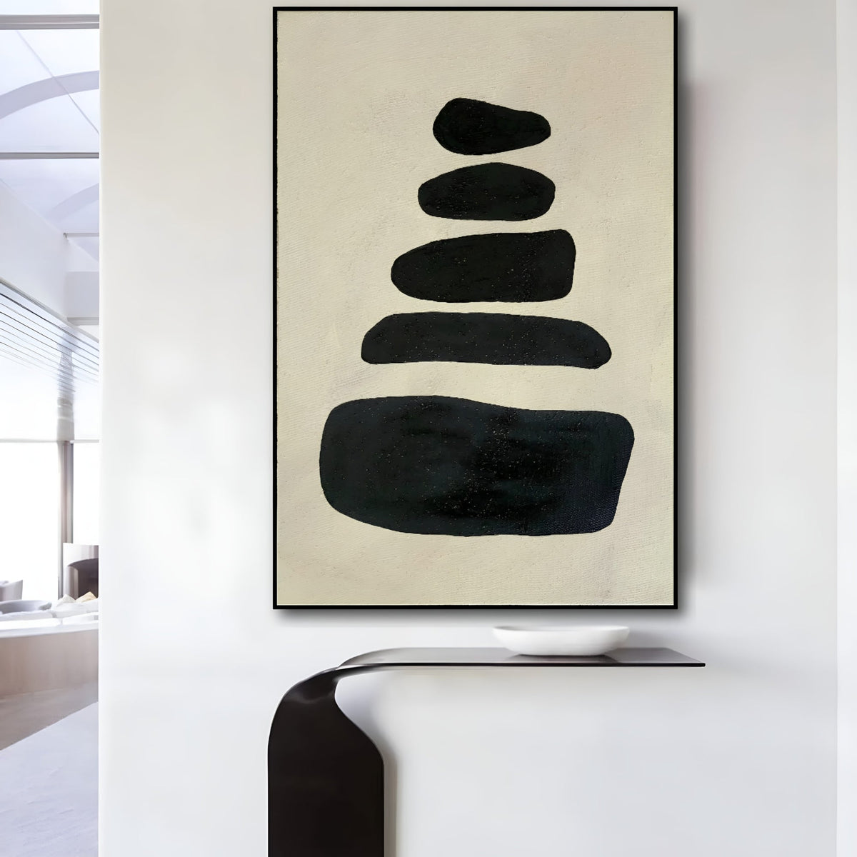 Large-scale geometric abstract oil painting on canvas, blending simplicity and texture for sophisticated wall decor.