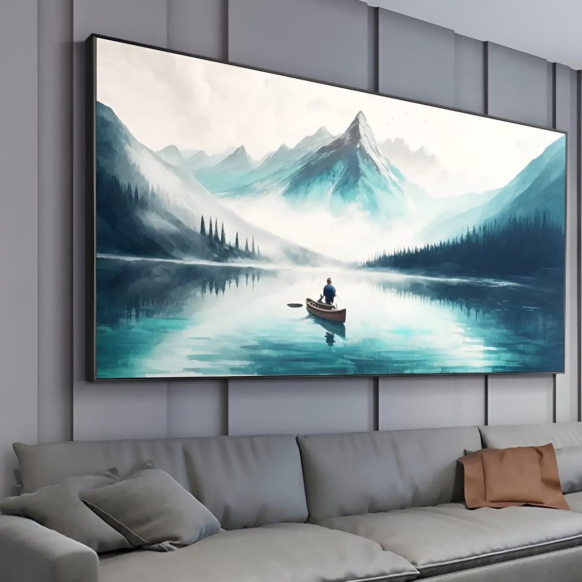 Serene mountain view painting, crafted by hand, complements calm-toned bedroom interiors.
