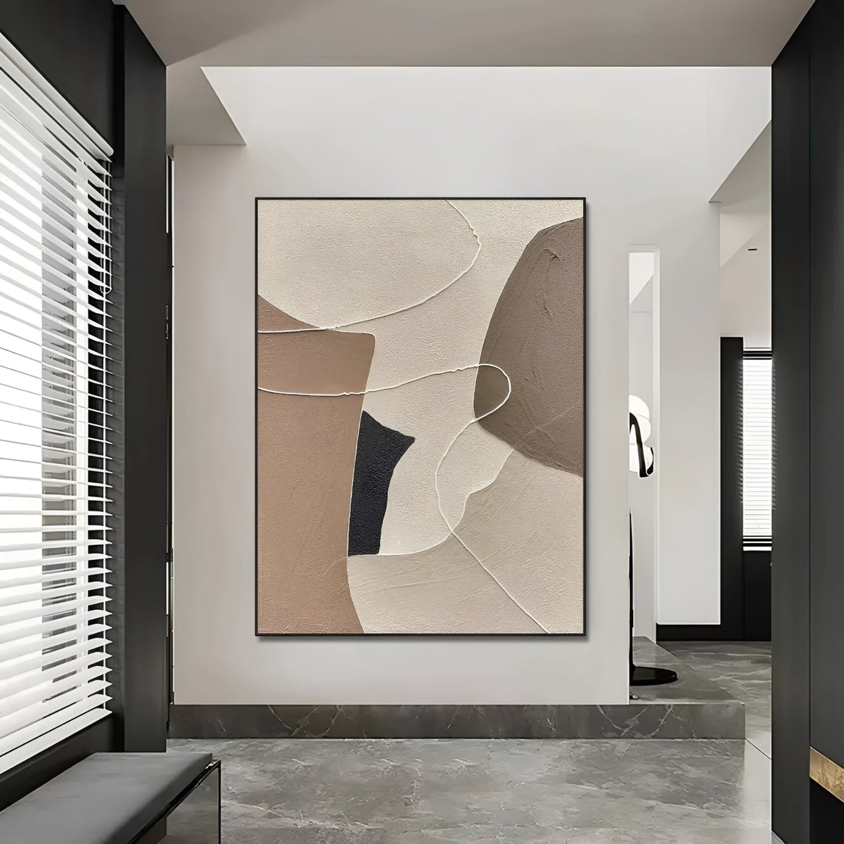 Neutral-toned abstract painting with unique 3D texture, fluid lines, and bold black accent. Handmade contemporary wall art masterpiece.
