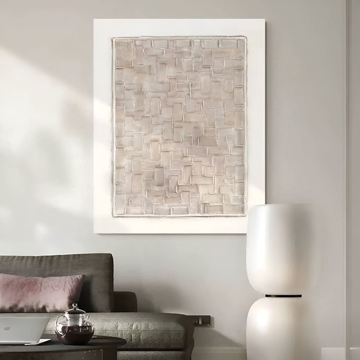 Luxury handmade canvas painting with 3D texture and neutral hues, creating a calming and stylish ambiance in any space.
