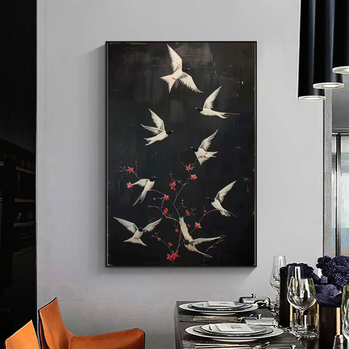 Dark-themed handmade bird painting, a striking fit for contemporary or Japandi-style rooms.