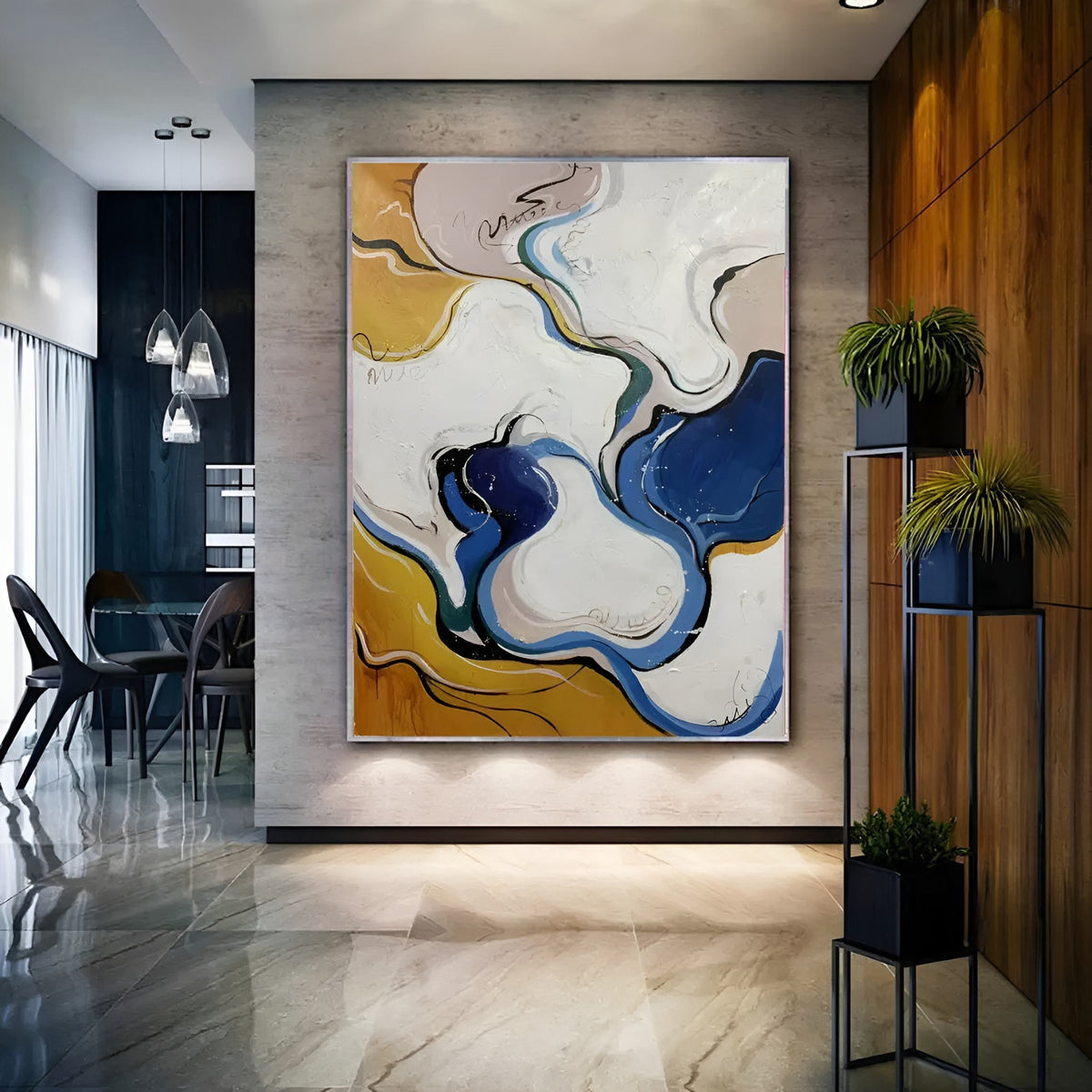 Dynamic handmade oil painting with organic blue and yellow forms, great for creative workspaces or open-plan apartments.