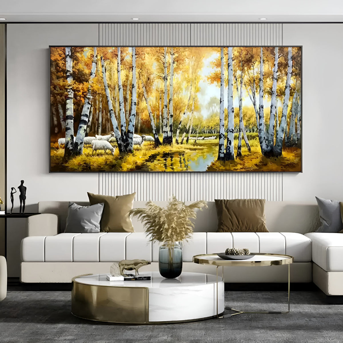 Rustic-style living rooms glow with charm from this handmade oil forest landscape painting.
