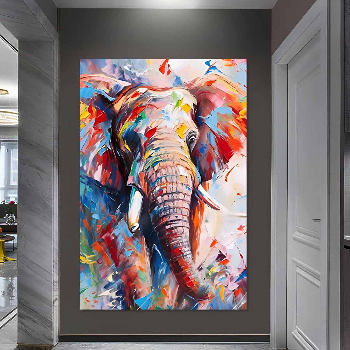 Handmade oil painting bursting with color, perfect for adding drama to entryways or stairwells.
