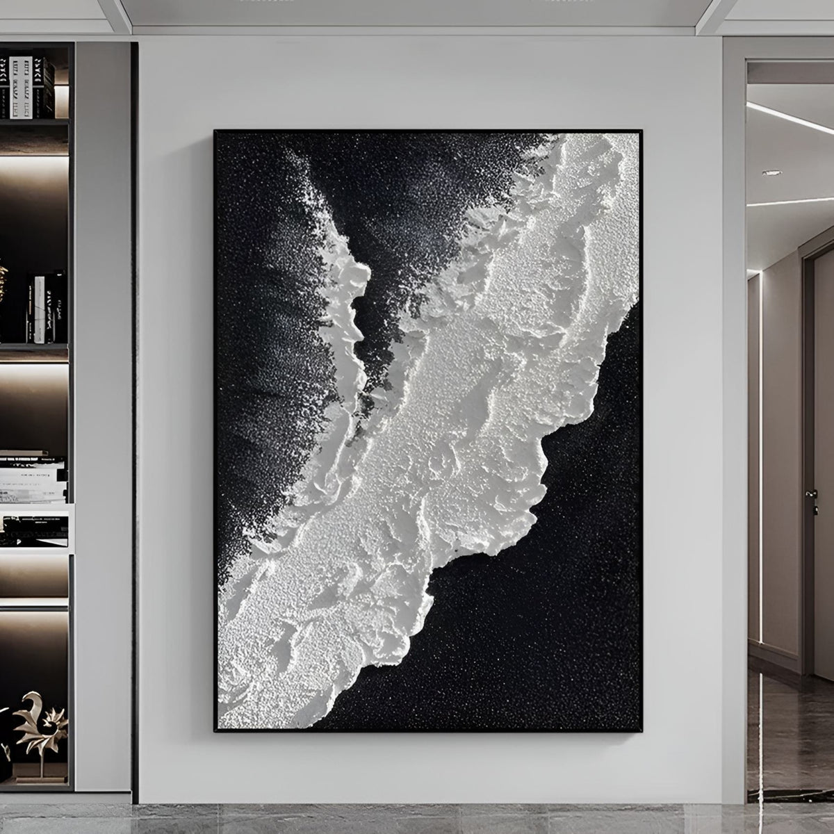 Textured wave oil painting ideal for modern living rooms, handcrafted for elegant minimalist interiors.