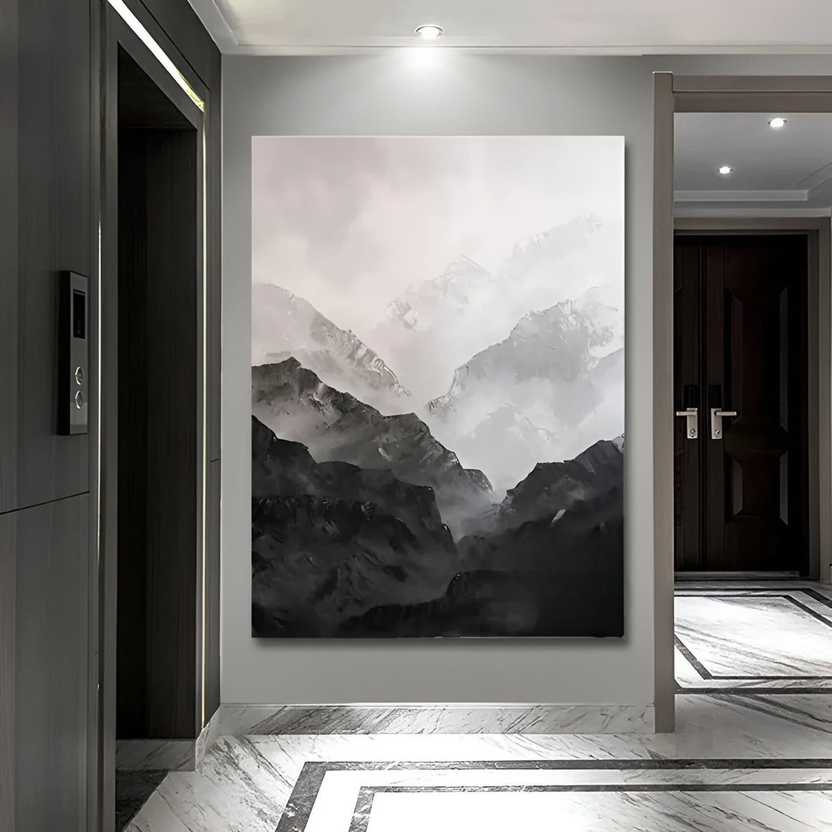 Textured oil painting of mountains in mist, fitting for contemporary apartments, creative studios, or hallways.