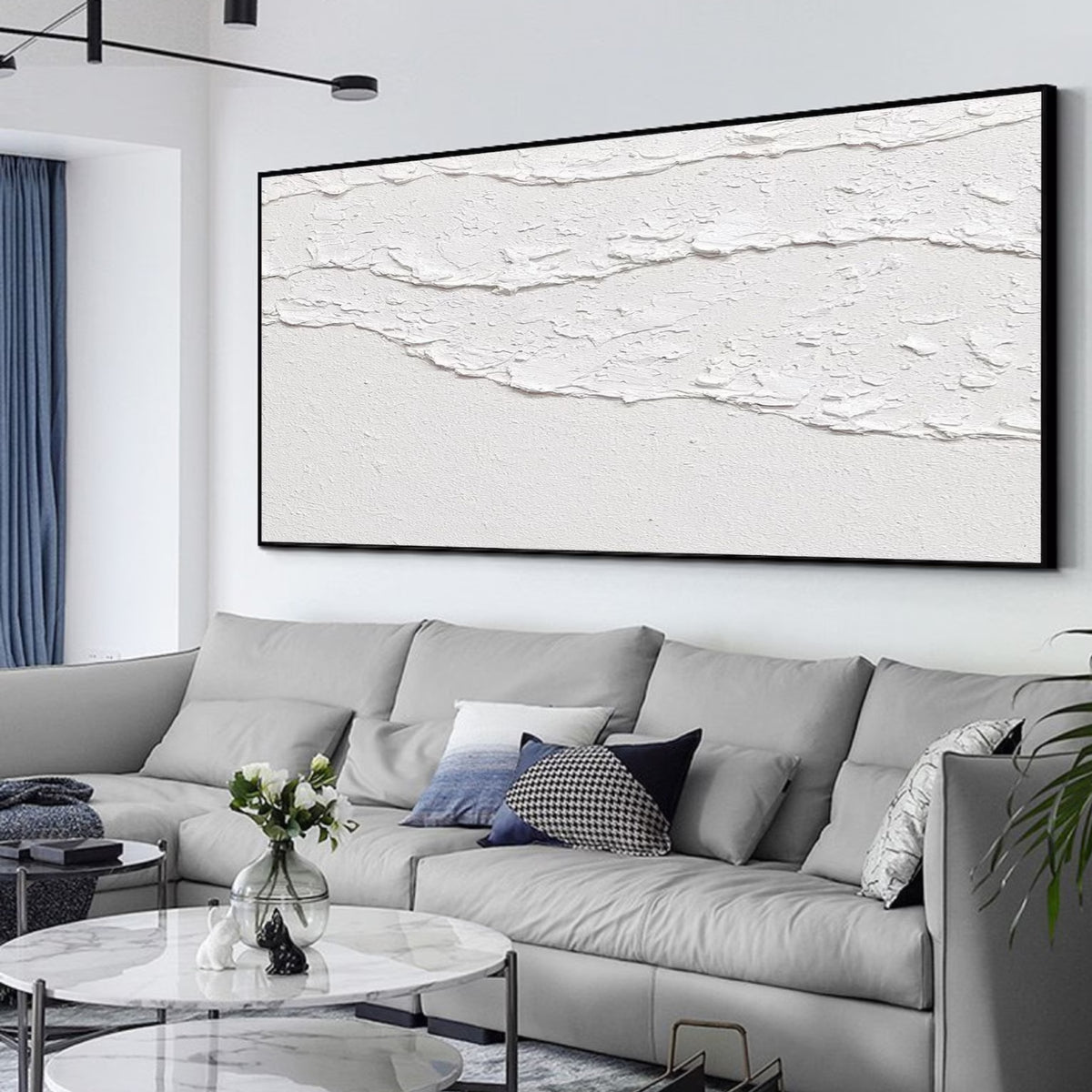 Original horizontal canvas in off-white hues, brings calm elegance to contemporary interiors