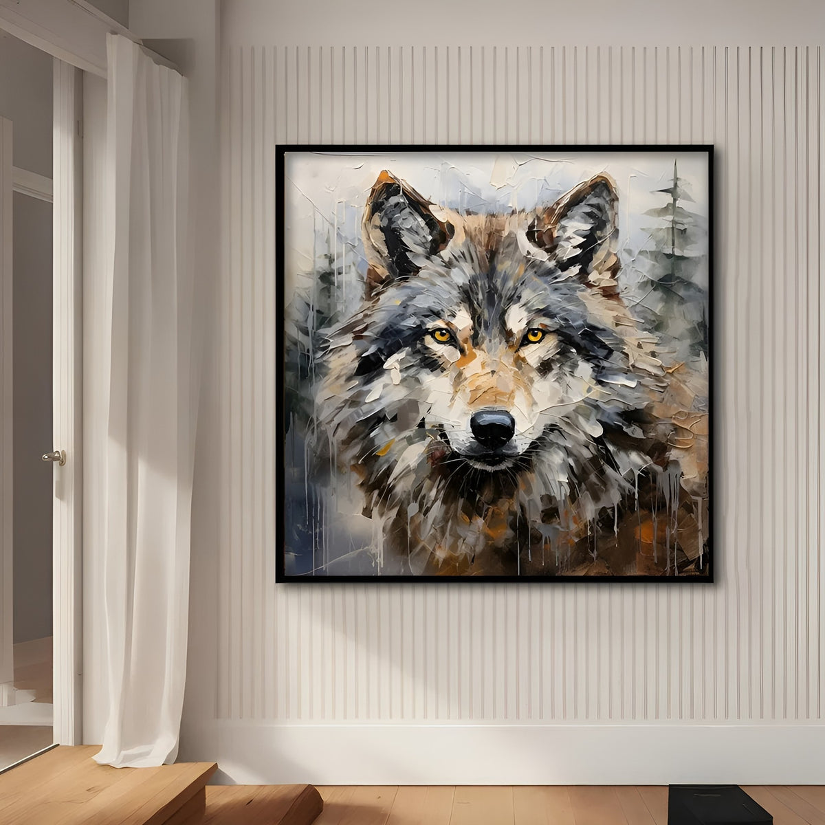 Majestic handmade wolf oil painting in earthy tones, a striking centerpiece for living room or office walls.
