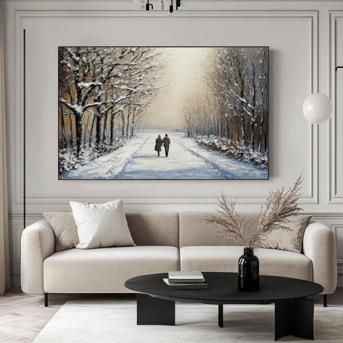 Hand-painted winter landscape with walking couple, perfect for warm dining rooms or minimalist bedroom decor