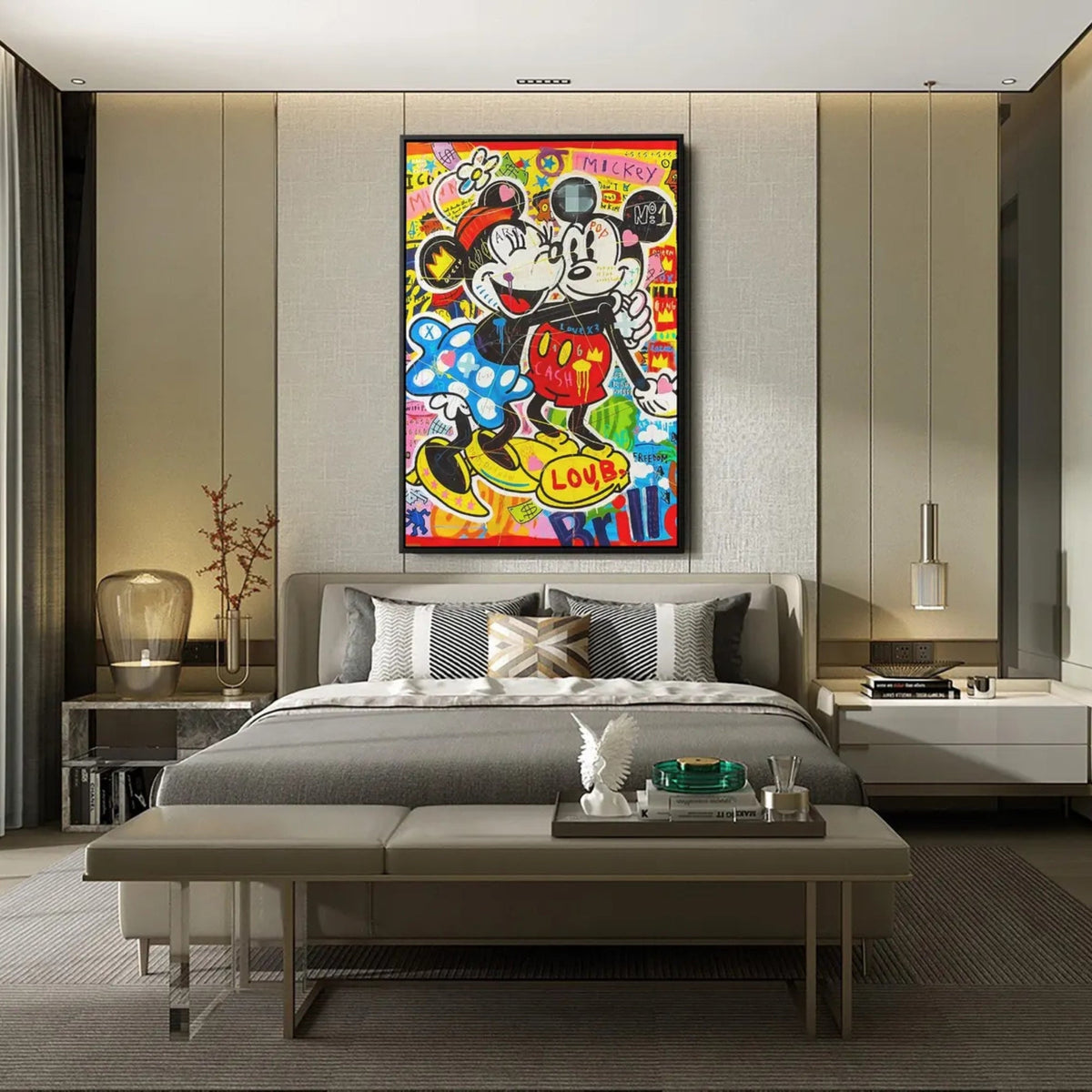 Luxury pop art painting featuring Mickey and Minnie Mouse in vibrant graffiti street art style with designer brand elements.