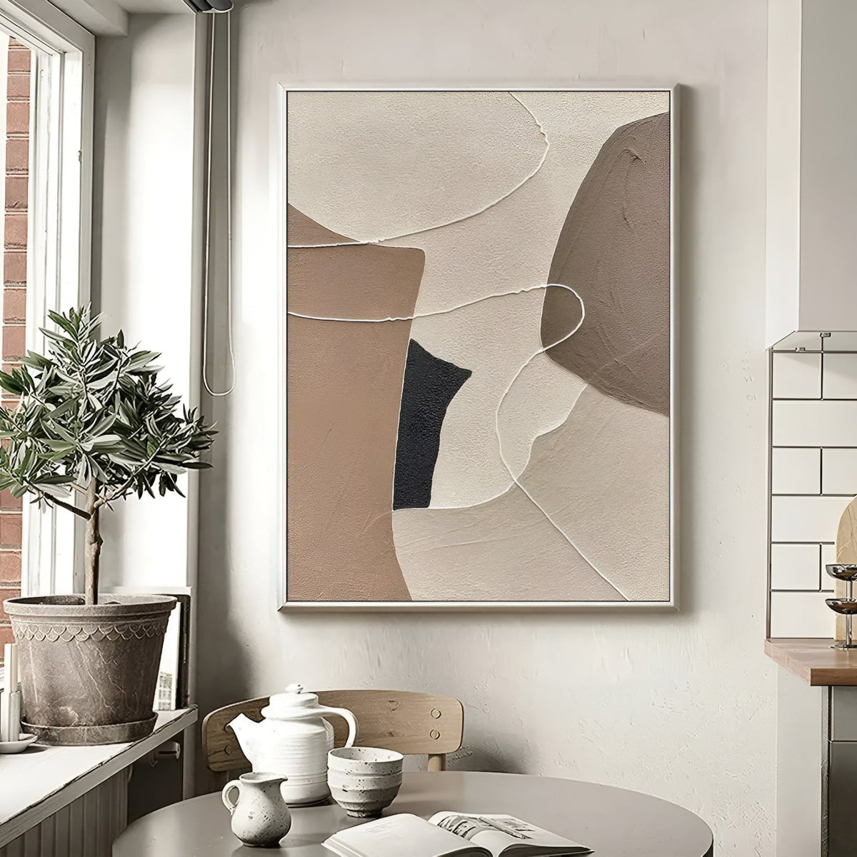 Minimalist abstract textured wall art in earthy tones, featuring organic shapes and intricate line work. Handmade modern decor piece.