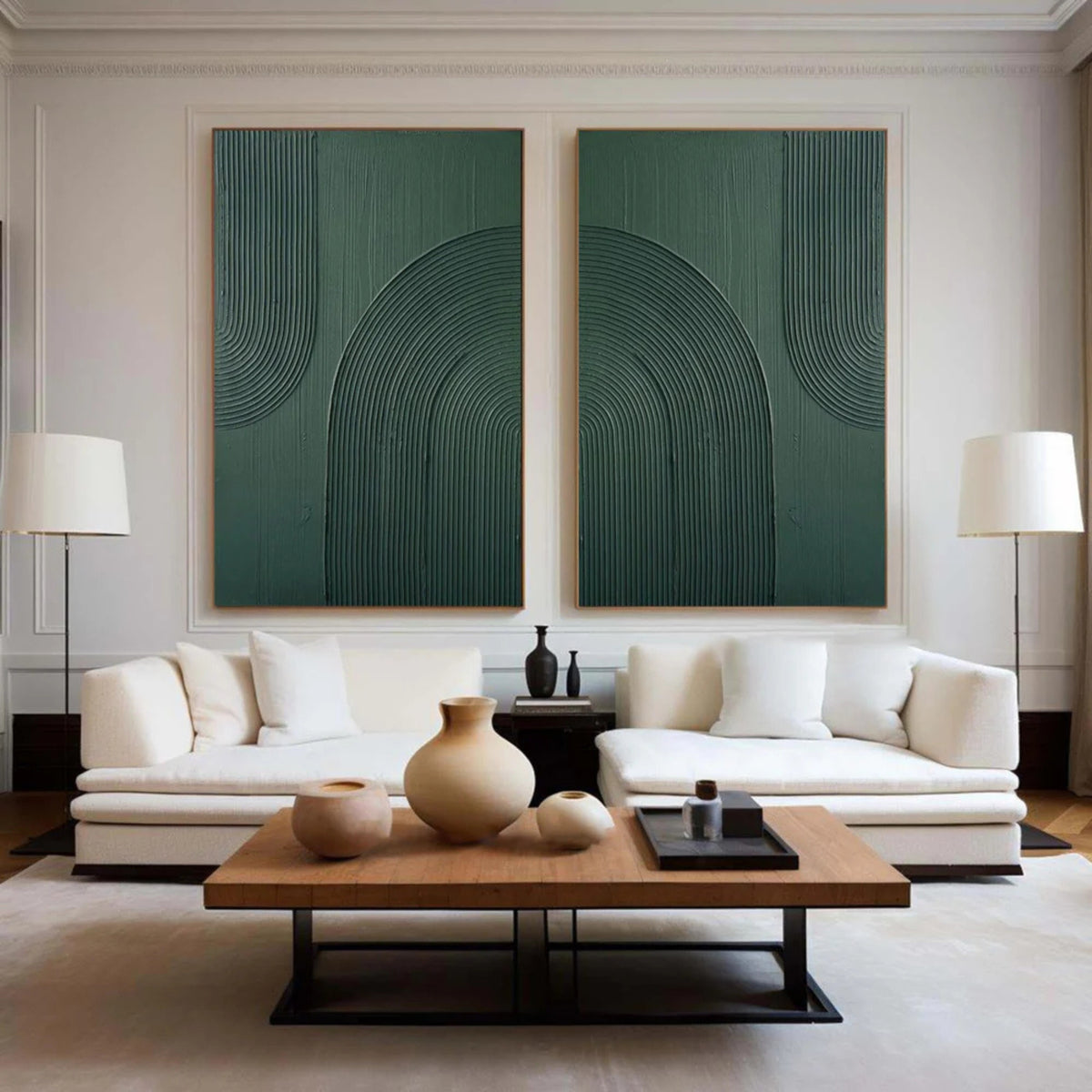 Plaster Art Texture Painting - Emerald Arcs - Set of 2