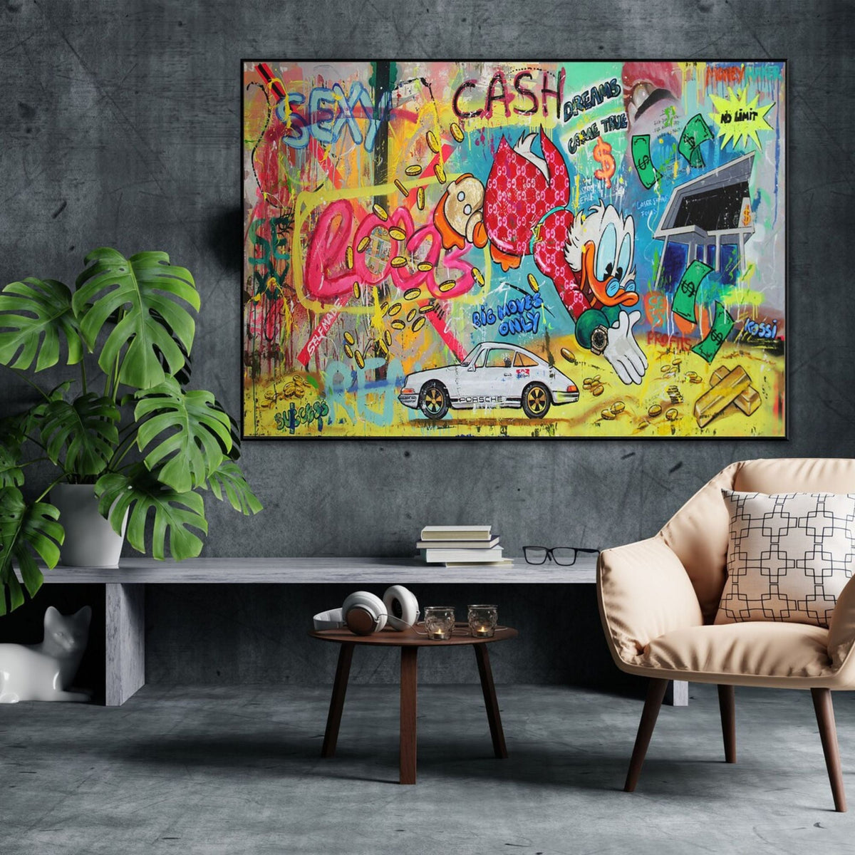 A dynamic and playful mural with luxury themes, featuring rich colors, bold lettering, and an animated character surrounded by money and status symbols. Ideal for art lovers who enjoy contemporary and street art aesthetics.