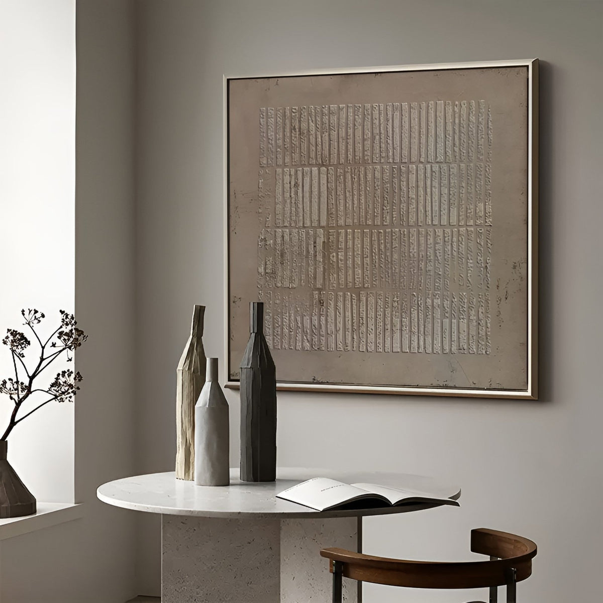 Large neutral-toned oil painting with intricate texture, adding elegance and warmth to living room spaces