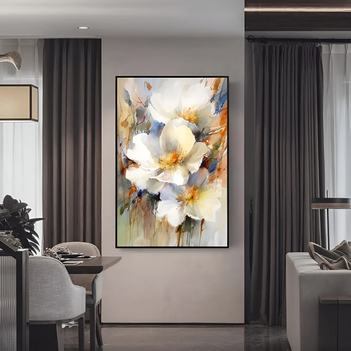 A vibrant oil painting of blooming flowers displayed on a wall in a modern interior setting.