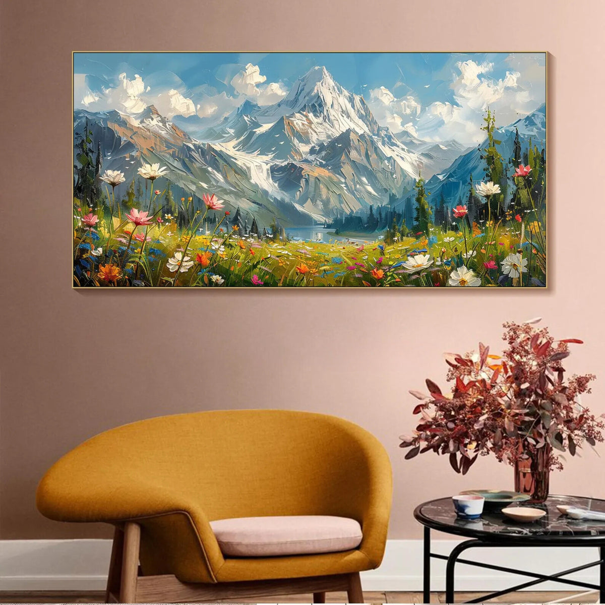 Scenic mountain view canvas, fits beautifully in serene bedrooms or chalet-style spaces.