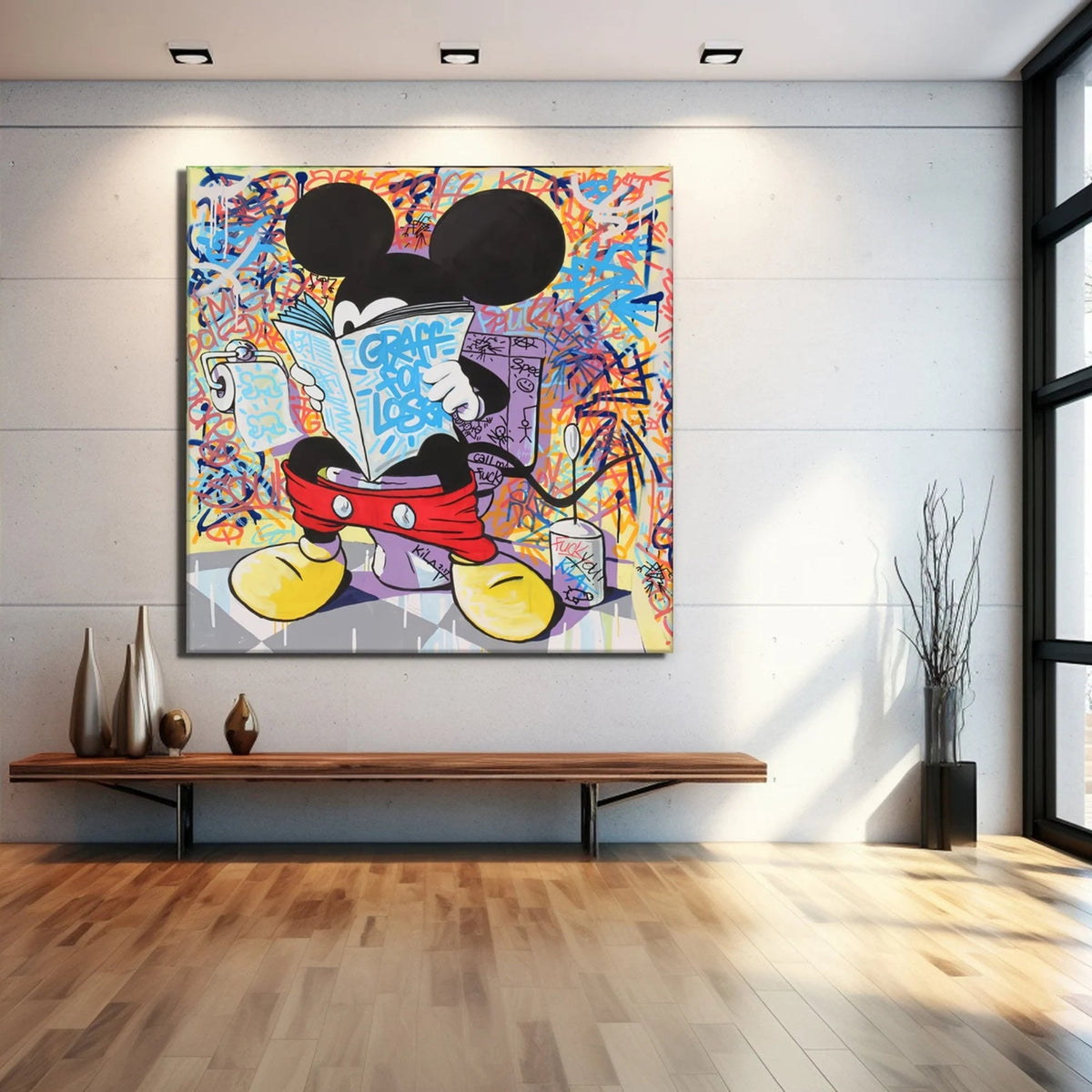Graffiti Mickey Mouse Street Art Canvas – A bold urban artwork featuring Mickey in a rebellious pose, surrounded by vibrant graffiti elements.
