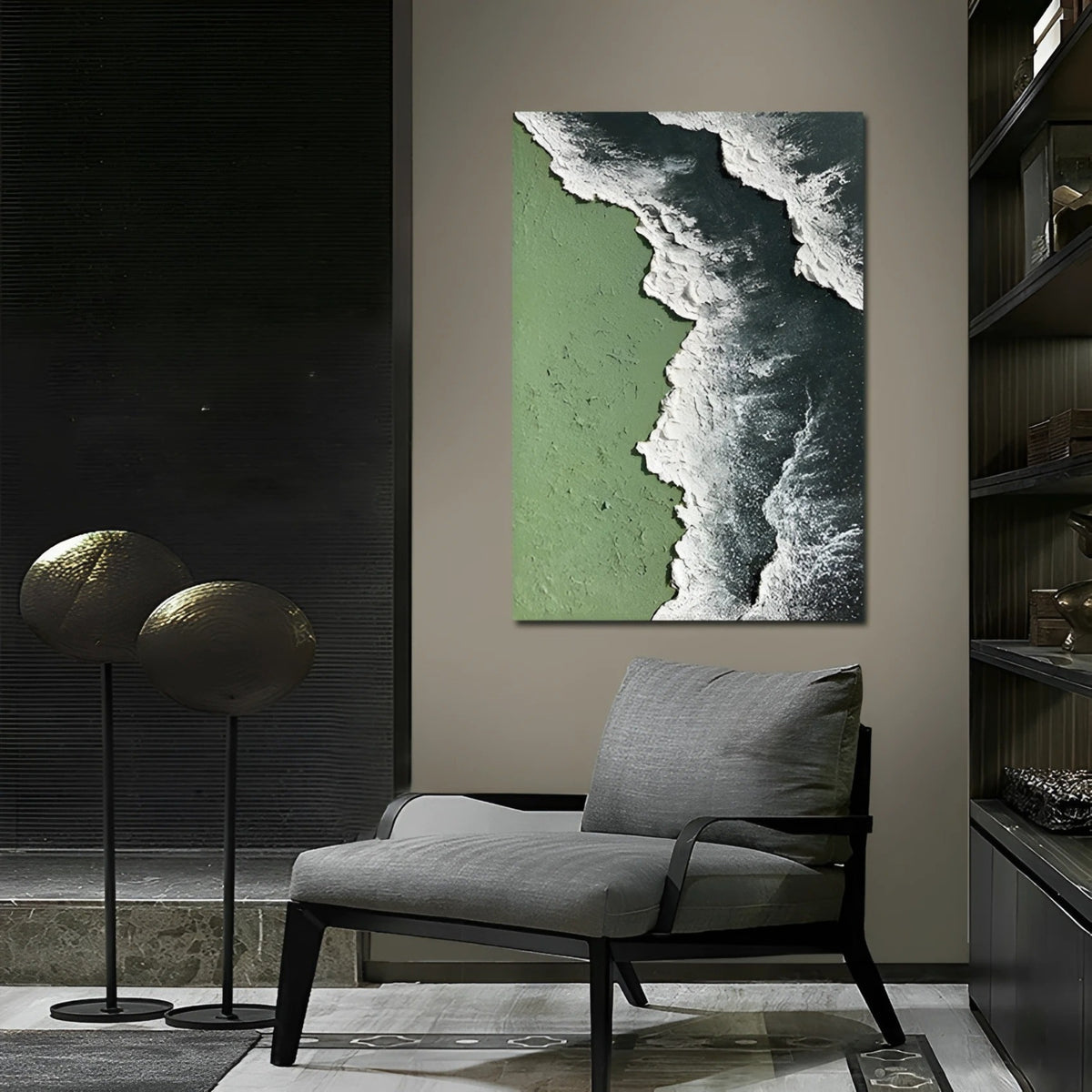 Handmade aerial ocean painting, perfect for coastal hallways or beach-style interiors.
