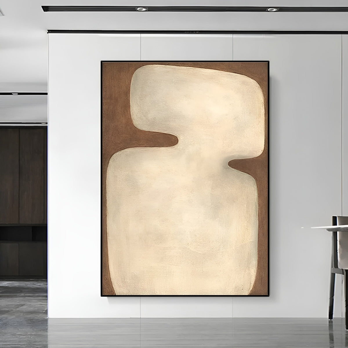 Minimalist abstract painting in earthy tones, featuring organic shapes on canvas. Handmade neutral wall art for modern interiors.