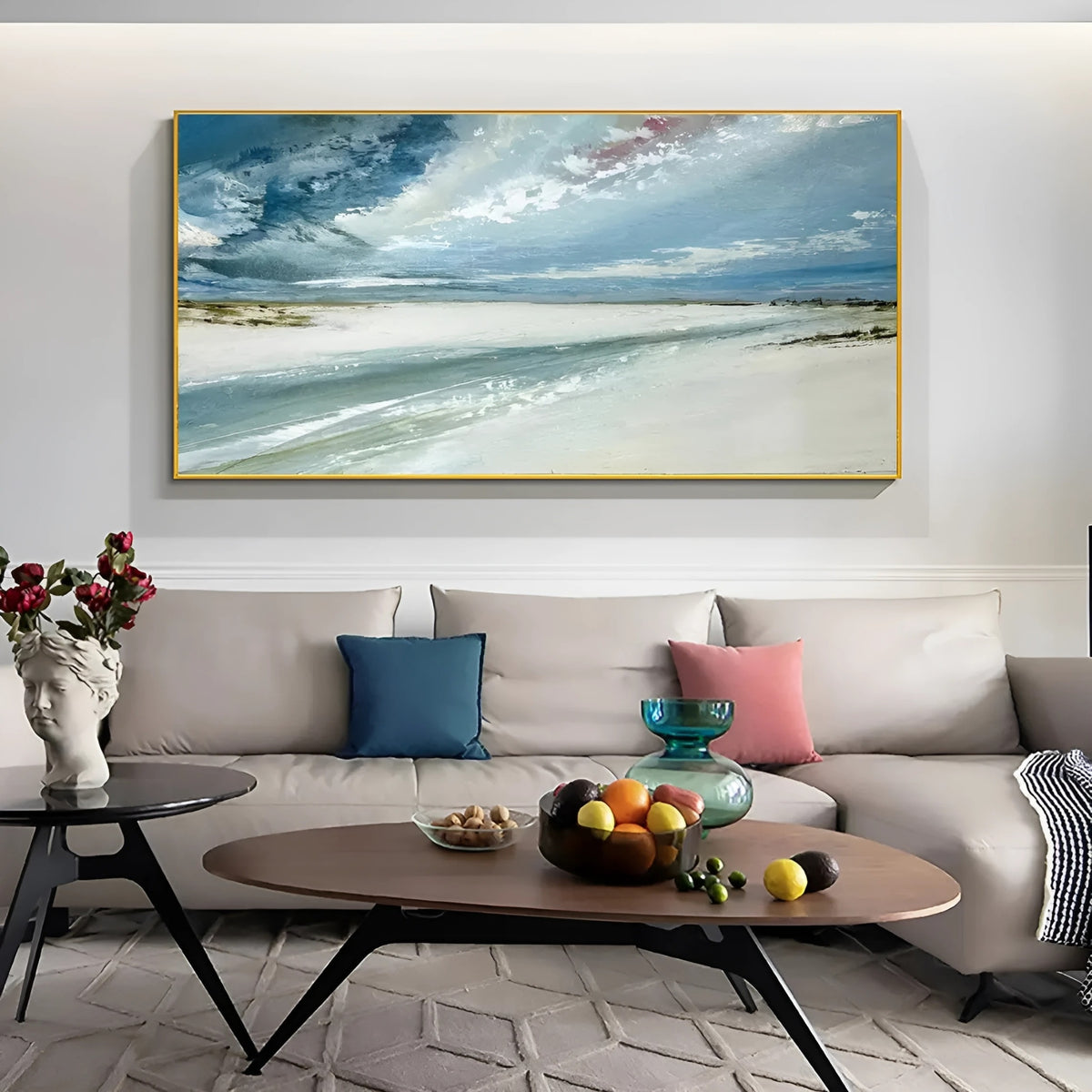 Hand-painted beach scene oil painting, perfect for brightening up a modern office or serene living room wall décor.