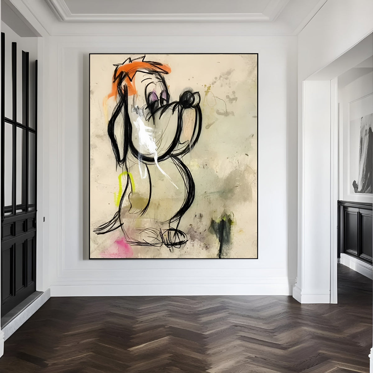 Large cartoon-style dog wall art with artistic brushstrokes and a warm-toned abstract background – perfect for stylish interiors.