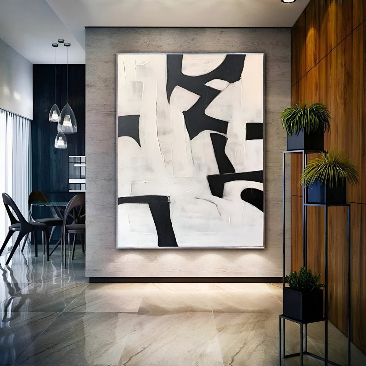 Modern black and white abstract painting in a luxury interior – geometric wall art for minimalist decor.
