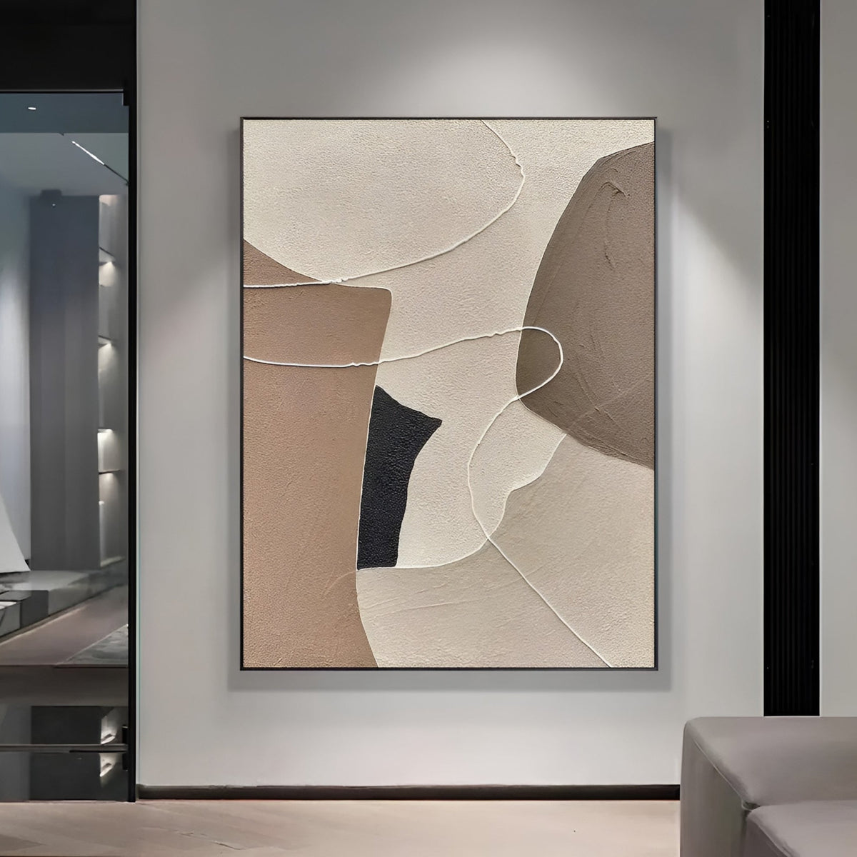 Contemporary large-scale artwork with geometric and organic forms in muted beige, brown, and black hues. Handmade statement painting.
