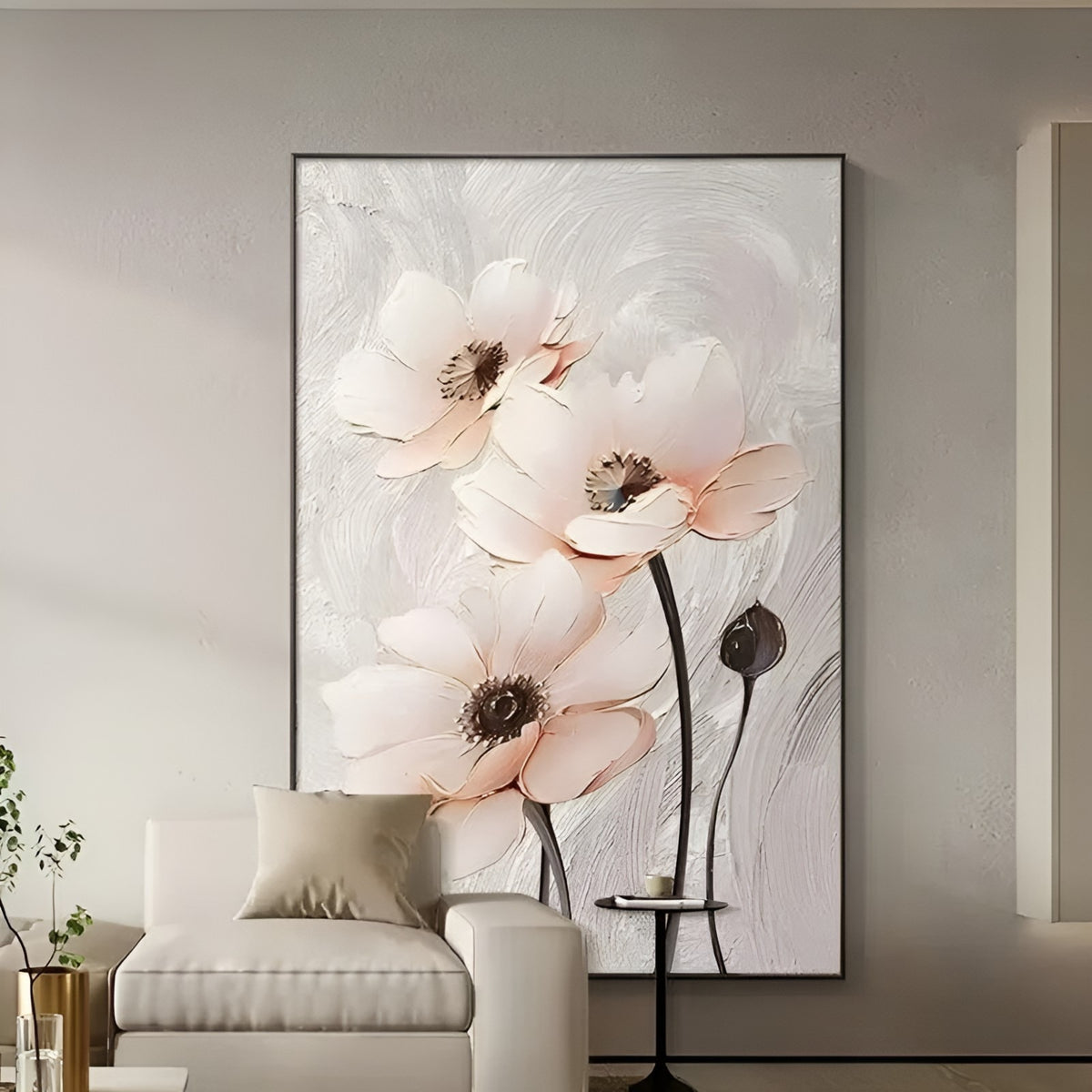 Handmade floral oil painting with soft pink poppies, perfect wall art for elegant and modern living room decor.
