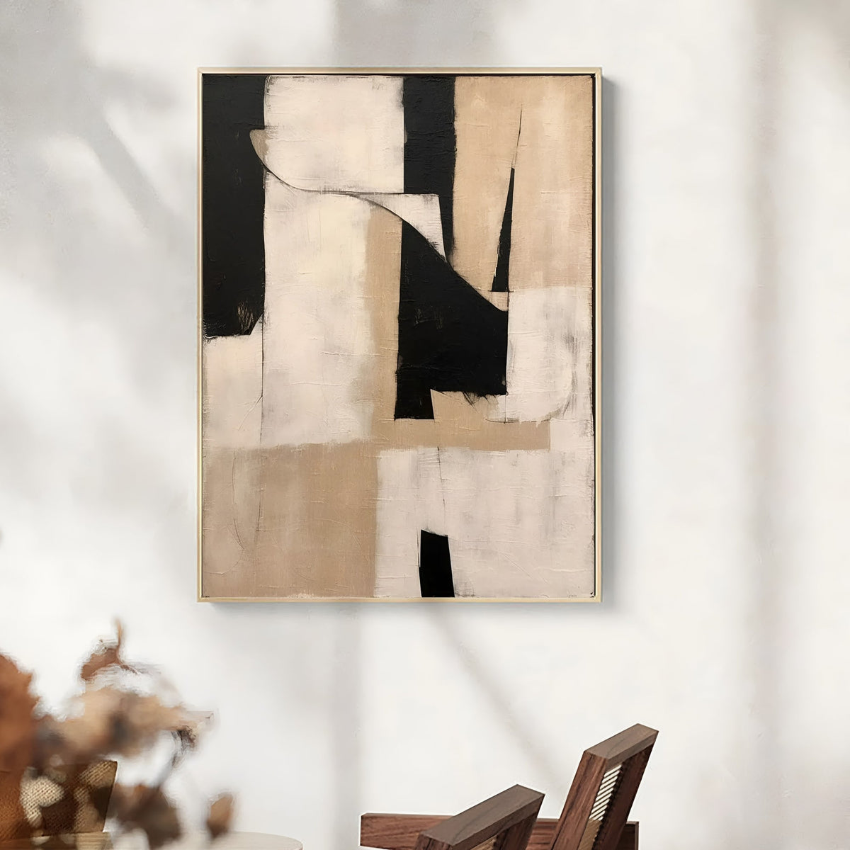 Modern abstract painting with geometric composition in black and beige – A stunning art piece that enhances contemporary living rooms, bedrooms, and office spaces with its unique design.