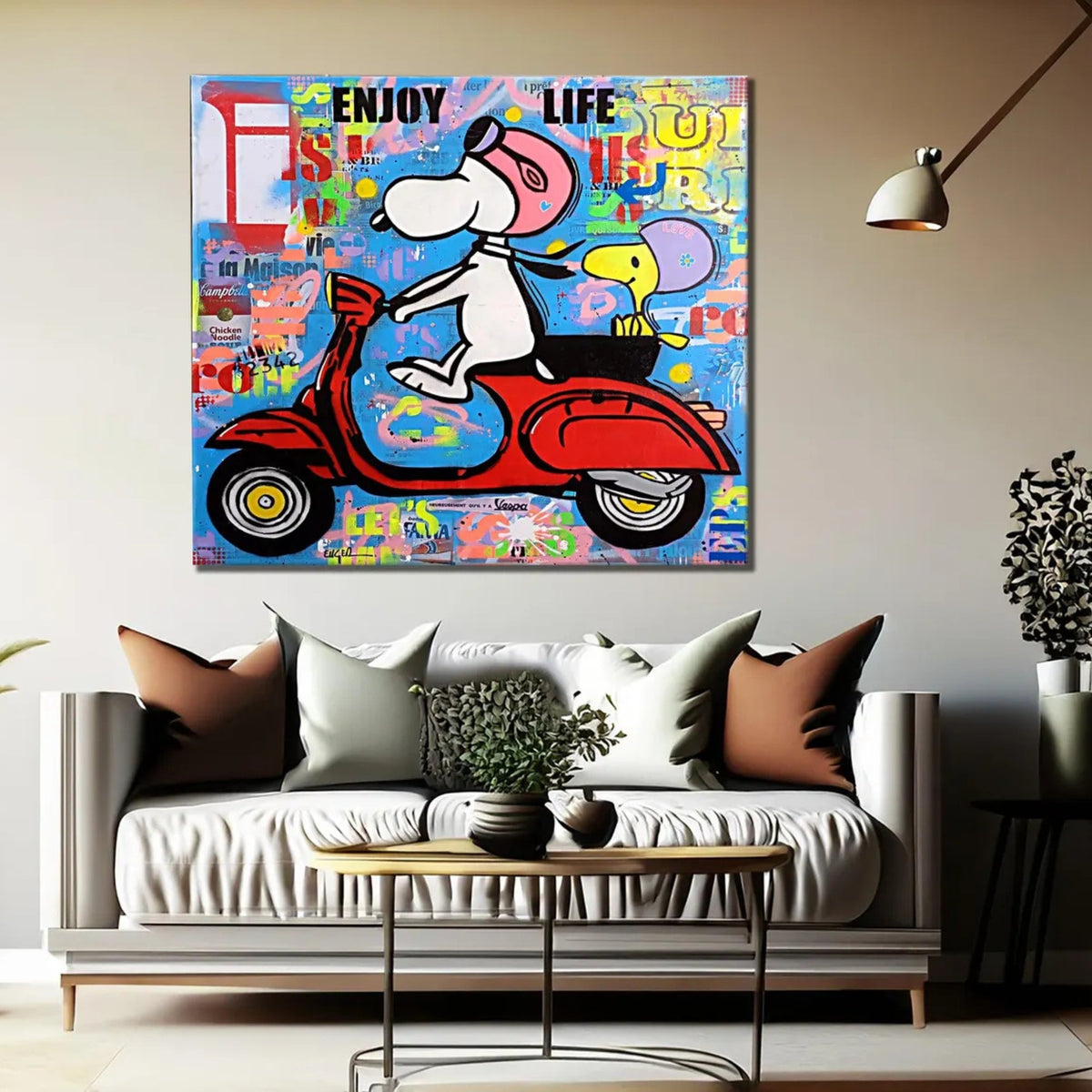 Playful Snoopy wall art, bold mixed-media painting with vivid colors and nostalgic cartoon charm.