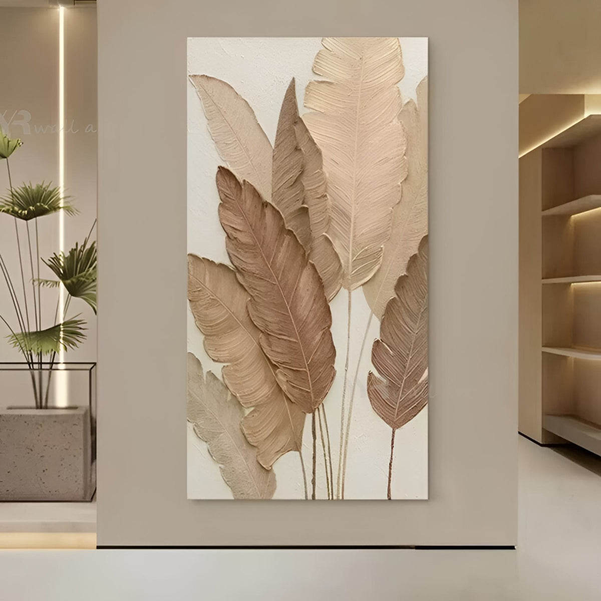 Elegant botanical canvas with soft leaf patterns, handmade for boho bedrooms or minimalist living rooms.