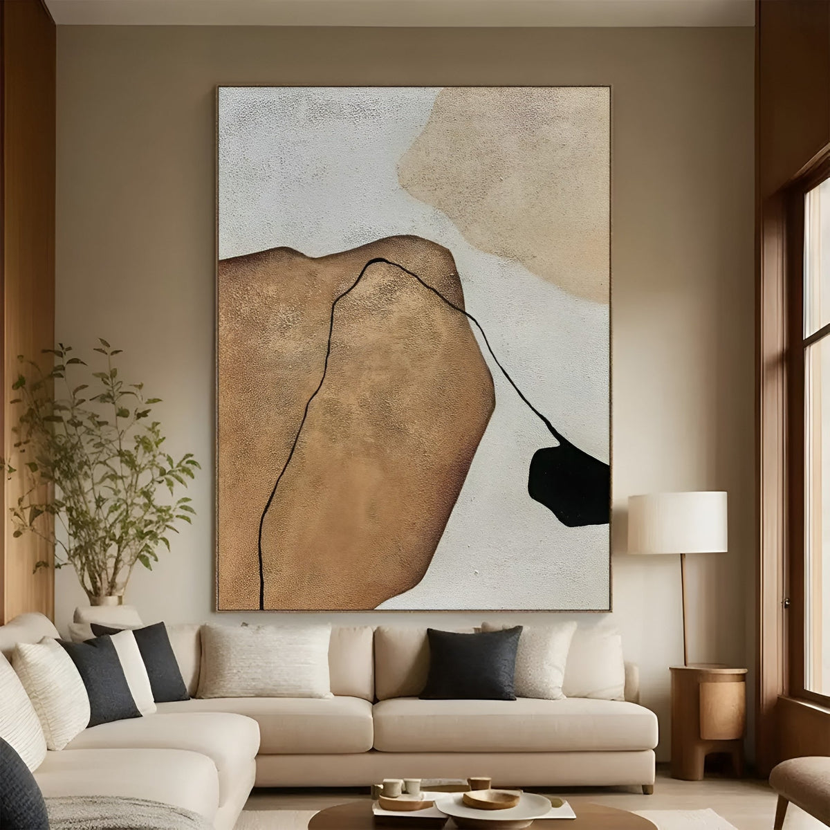 Large-scale abstract painting with textured details, framed in a modern home with Scandinavian-inspired decor.