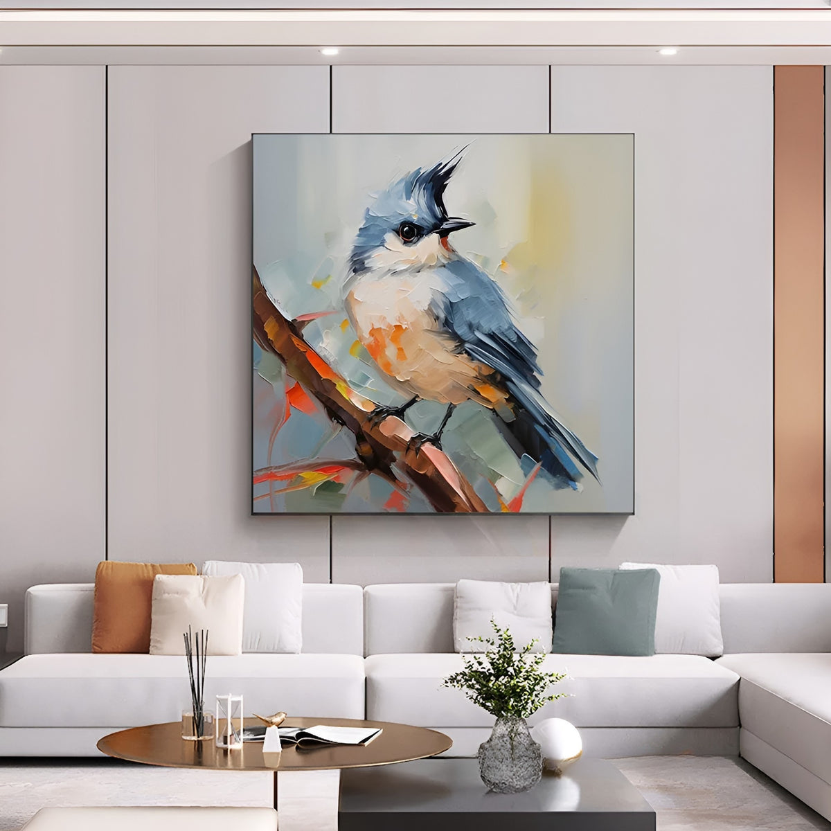 Handmade oil painting of a blue songbird perched on a branch, adding charm to modern interior wall decor.