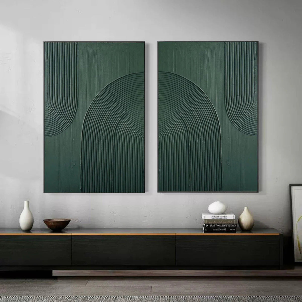 Plaster Art Texture Painting - Emerald Arcs - Set of 2