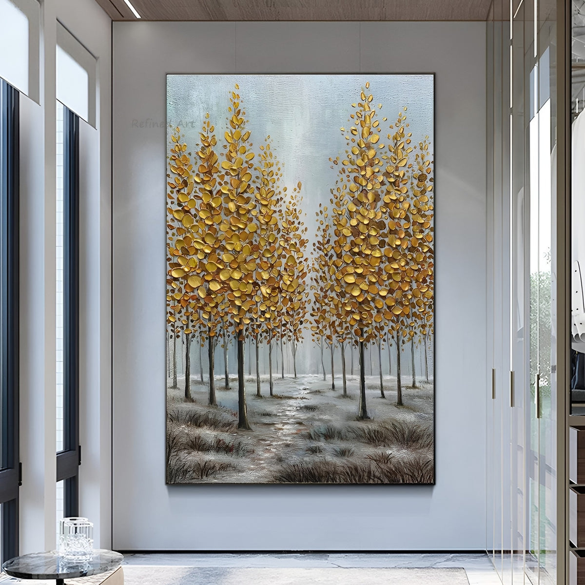 Handmade oil painting of golden autumn trees in a misty forest, perfect wall decor for cozy modern interiors.