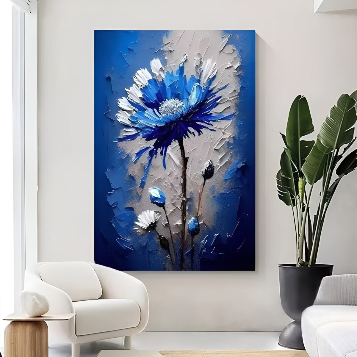 Handmade oil painting of vibrant blue flowers on textured canvas, perfect for modern and elegant interiors