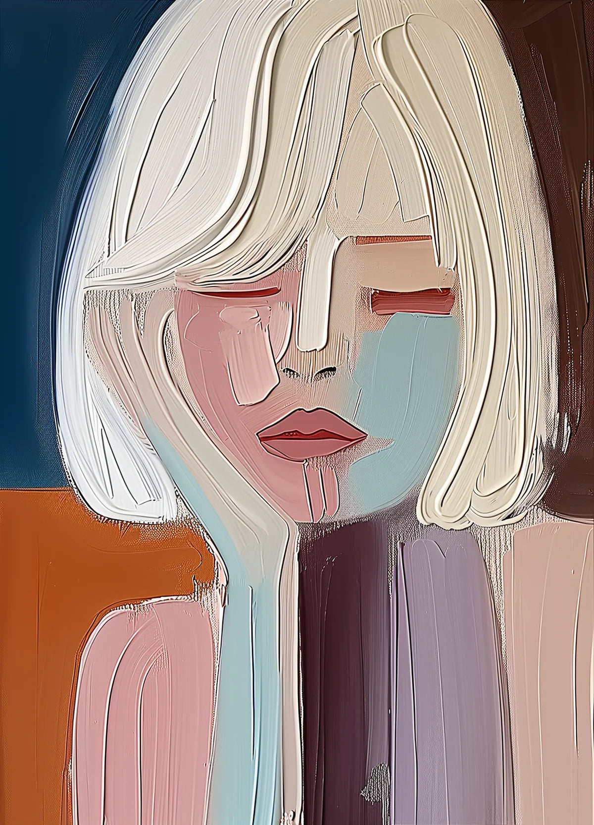 Artistic painting of a serene female figure with white hair and muted colors, great for warm-toned rooms