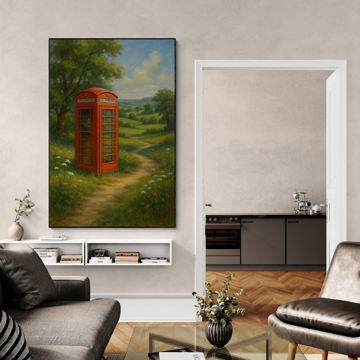 A handmade oil painting depicting a classic red telephone booth in a countryside setting, displayed in a living room environment.